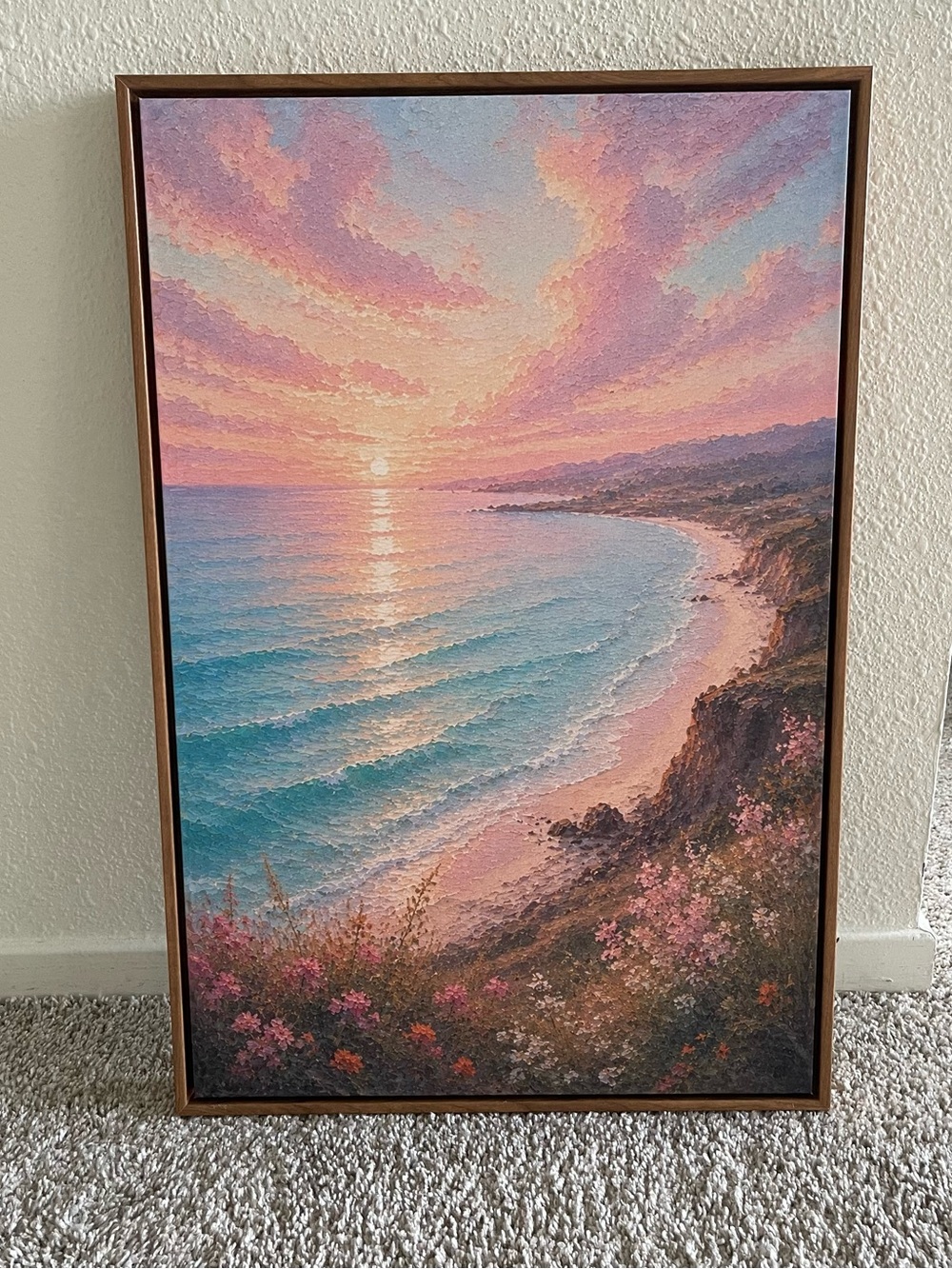 Coastal Sunrise Framed Canvas Art – Pink & Blue Seascape